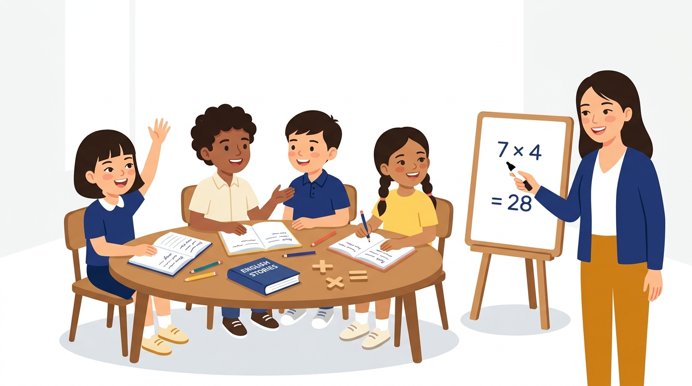 Cartoon illustration of a small-group tuition class with a tutor and four primary school students